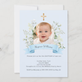 Invitación Arco de Foto Azul de Bautizo Niño Flores Blancas