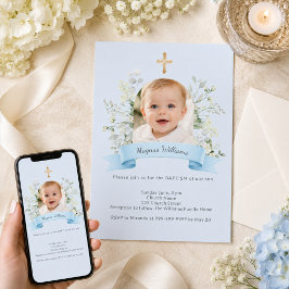 Invitación Arco de Foto Azul de Bautizo Niño Flores Blancas