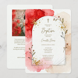 Invitación Arco de Foto de Bautizo con Acuarela Roja Delicada