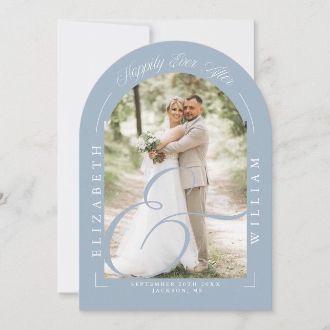 Invitación Arco de Fotos de Boda Azul Polvo con Letra Script  (Anverso)
