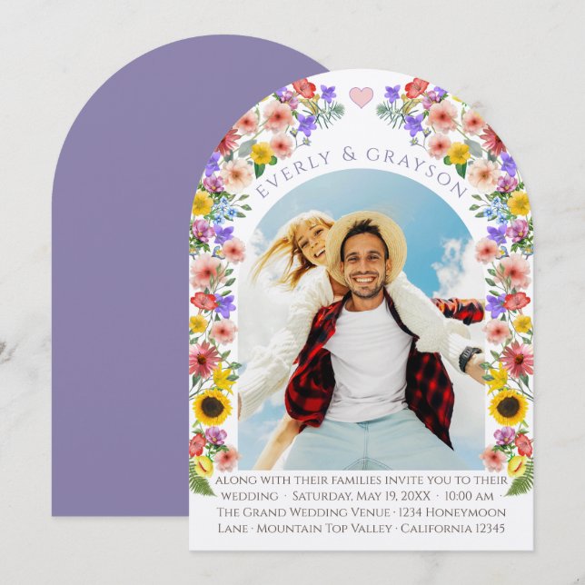 Invitación Arco de fotos de lavanda y elegancia amarilla (Anverso / Reverso)