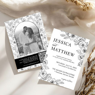 Invitación Arco de fotos floral en blanco y negro minimalista