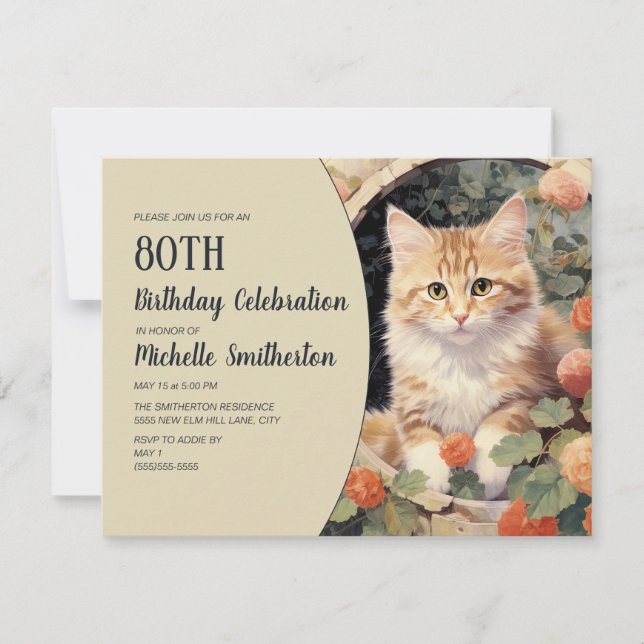 Invitación Arco de gatito blanco amarillo 80 cumpleaños (Anverso)