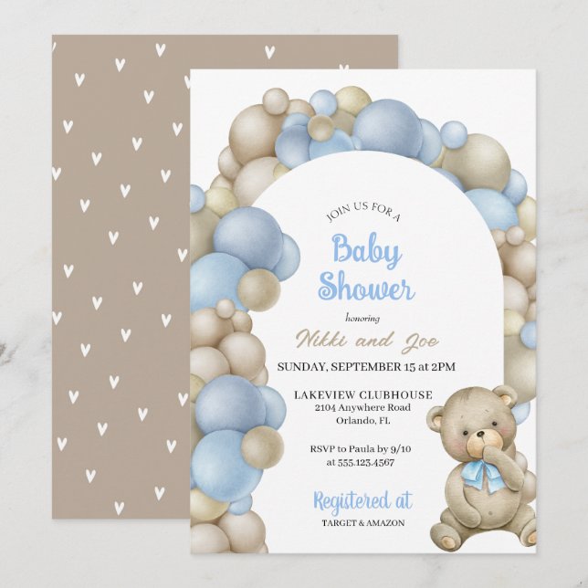 Invitación Arco de globo azul Teddy Bear Baby Shower (Anverso / Reverso)