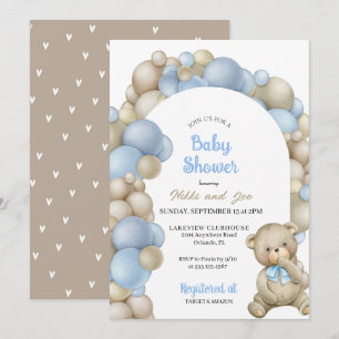 Invitación Arco de globo azul Teddy Bear Baby Shower