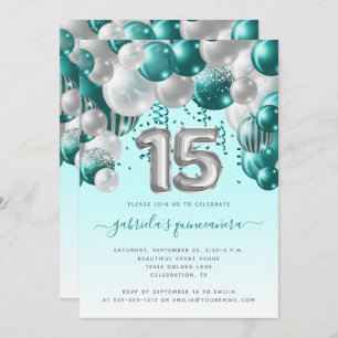 Invitación Arco de globo Plata Verde azulada Quinceañera
