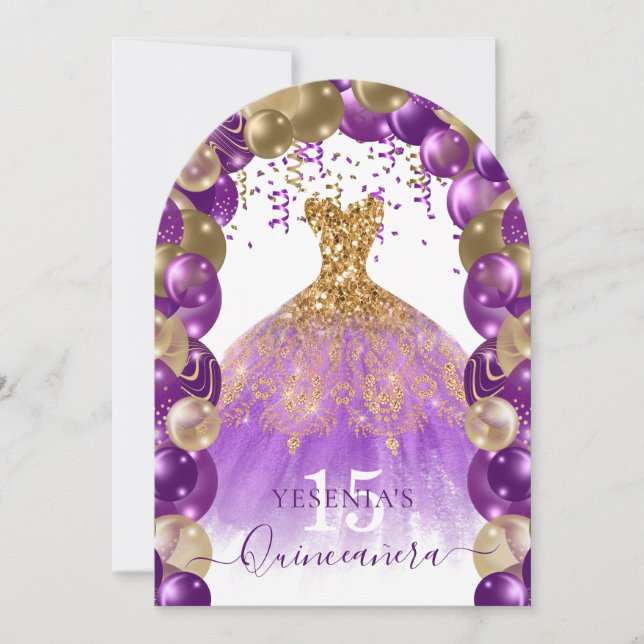 Invitación Arco de globo Quinceañera con gafas de oro púrpura (Anverso)