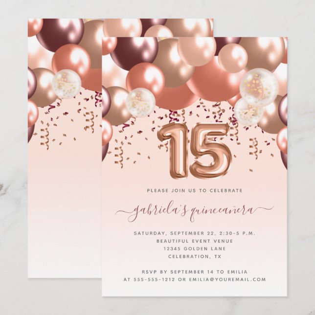 Invitación Arco de globo Rosa de oro Borgoña Quinceañera (Anverso / Reverso)