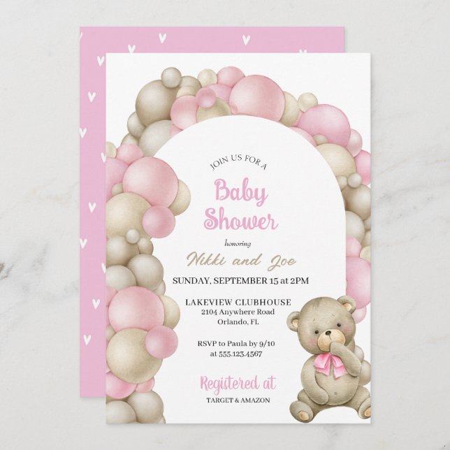 Invitación Arco de globo rosa Teddy Bear Baby Shower (Anverso / Reverso)