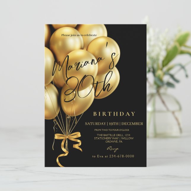 Invitación Arco de globos Black & Gold para fiesta de cumplea (Anverso de pie)