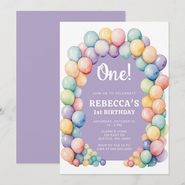 Invitación Arco de globos de arcoíris para cumpleaños de cual (Anverso / Reverso)