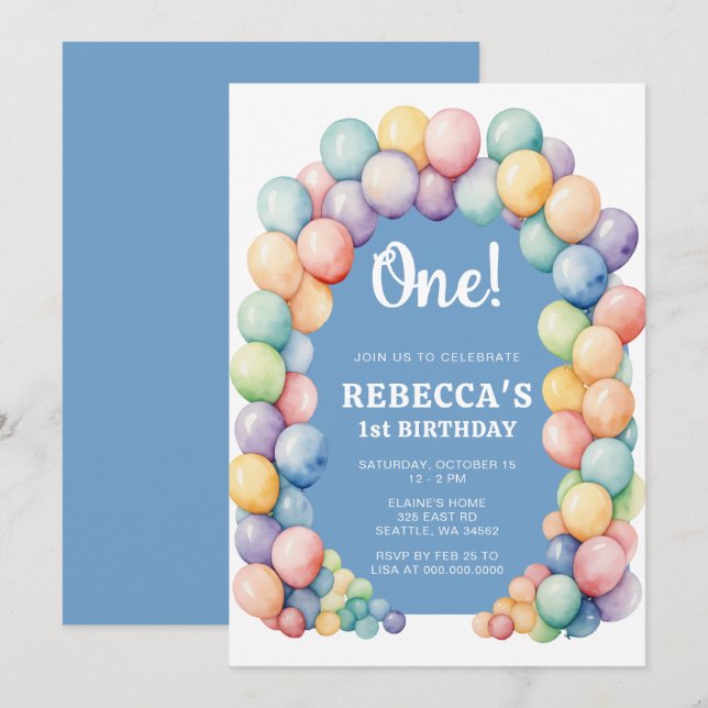 Invitación Arco de globos de arcoíris para cumpleaños de cual (Anverso / Reverso)