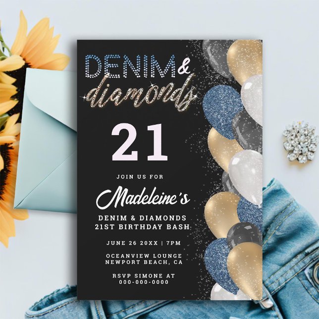 Invitación Arco de globos de diamantes de Denim 21º cumpleaño (denim diamonds 21st birthday invitation for women balloons arch modern elegant classy stylish cute)