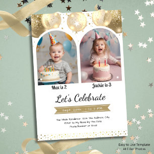 Invitación Arco de globos de oro para cumpleaños doble de niñ