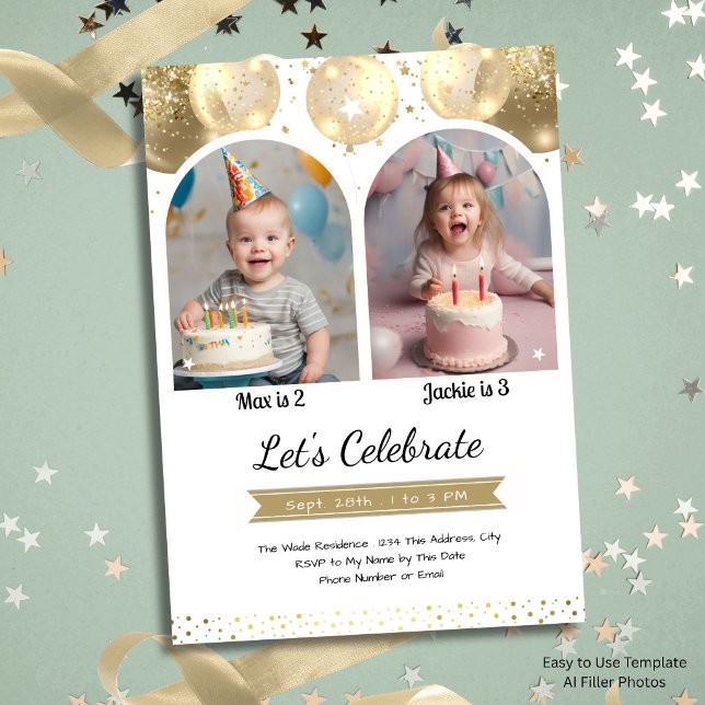 Invitación Arco de globos de oro para cumpleaños doble de niñ (Subido por el creador)
