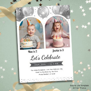 Invitación Arco de globos de plata para cumpleaños doble para