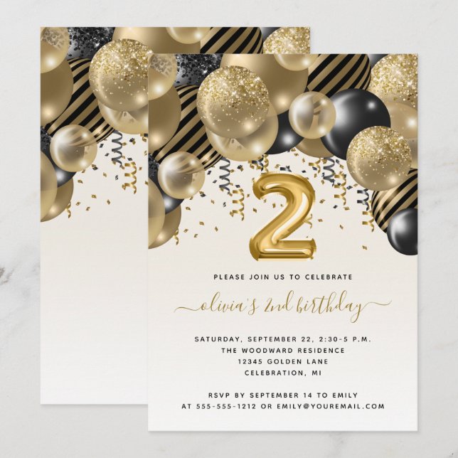 Invitación Arco de Globos Negro Oro Fiesta de Cumpleaños 2º (Anverso / Reverso)