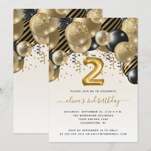 Invitación Arco de Globos Negro Oro Fiesta de Cumpleaños 2º