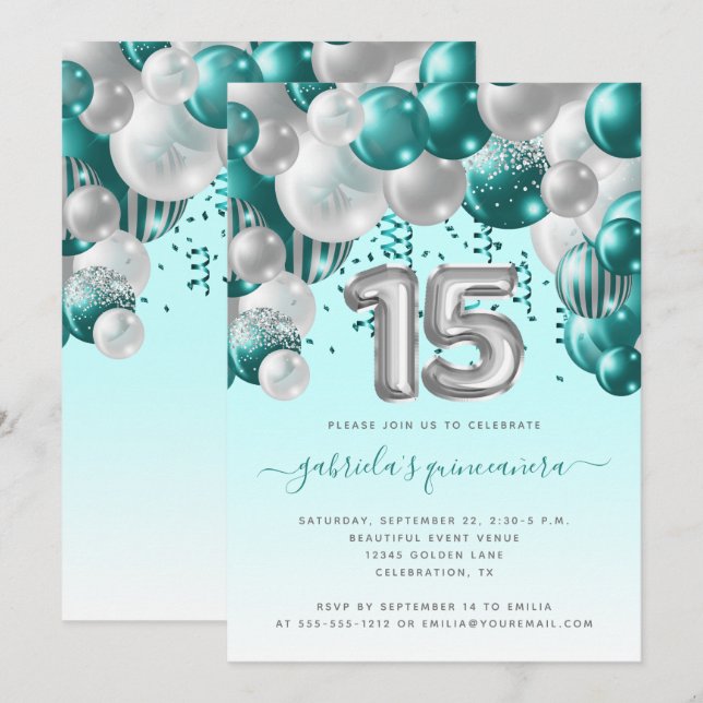 Invitación Arco de Globos Turquesa Plateado Quinceañera (Anverso / Reverso)