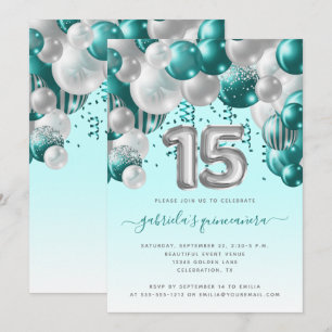 Invitación Arco de Globos Turquesa Plateado Quinceañera