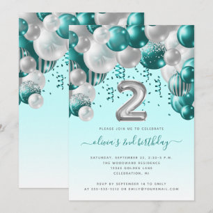 Invitación Arco de Globos Verde Azul Plateado Cumpleaños 2 Añ