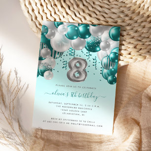 Invitación Arco de Globos Verde Azul Plateado Cumpleaños 8 Añ