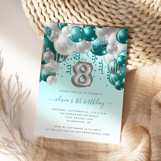 Invitación Arco de Globos Verde Azul Plateado Cumpleaños 8 Añ (Subido por el creador)