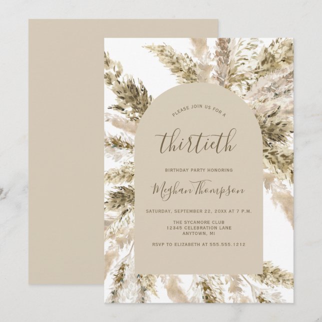 Invitación Arco de hierba de Pampas boho para cumpleaños 30 (Anverso / Reverso)