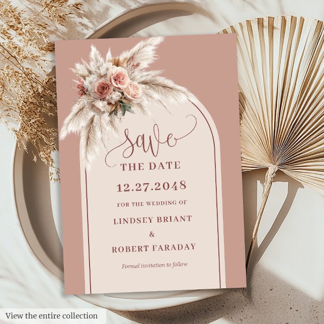 Invitación Arco de hierba de Pampas rosa polvoriento romántic (Romantic Dusty Pink Pampas Grass Arch Save the Date)