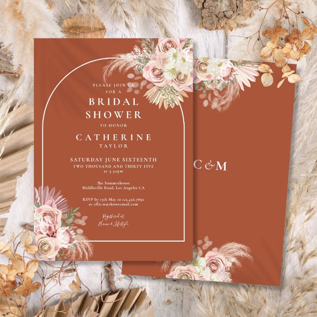 Invitación Arco de hierba de Pampas Terracota Bohemio para De (Boho Terracotta Pampas Grass Arch Bridal Shower Invitation)
