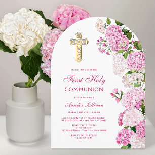 Invitación Arco de Hortensias Rosadas Primera Comunión