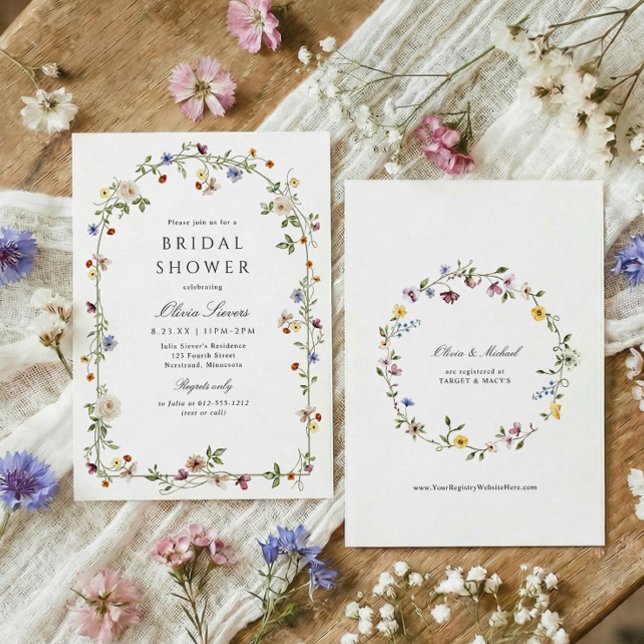 Invitación Arco de jardín de flores silvestres elegante para  (Watercolor wildflowers garden bridal shower invitation, elegant botanical flowers with greenery arch)