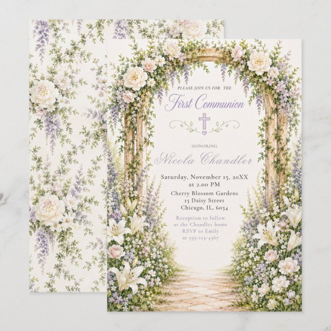 Invitación Arco de Jardín Floral Primera Comunión (Anverso / Reverso)