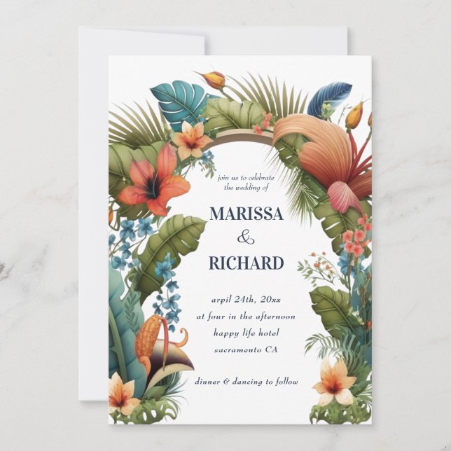 Invitación Arco de Jungla Tropical Exótico Floral Boda de Ver (Anverso)