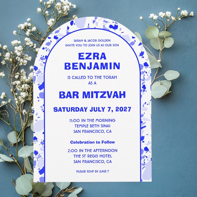Invitación Arco de la mano de Terrazzo de la barra de Persona (Terrazzo Hand Drawn Custom Bar Bat Bnai Mitzvah Arch Invitation
)