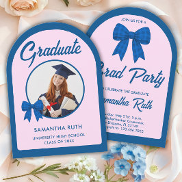 Invitación Arco de lazo de gingham azul Foto Fiesta de gradua