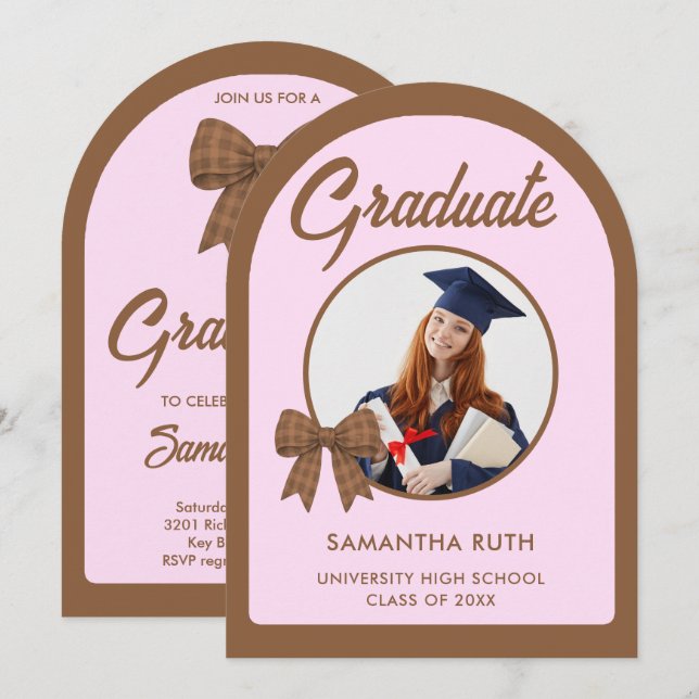 Invitación Arco de lazo de gingham marrón Foto fiesta de grad (Anverso / Reverso)
