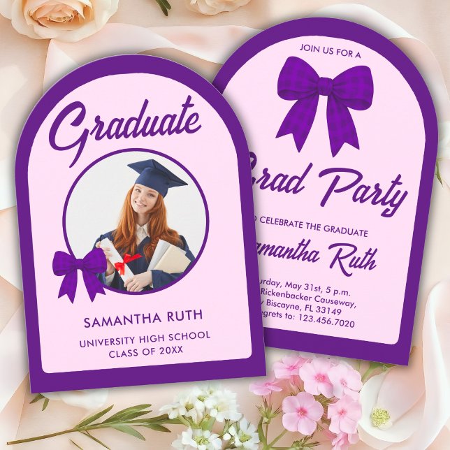 Invitación Arco de lazo de gingham morado Foto Fiesta de grad (Subido por el creador)