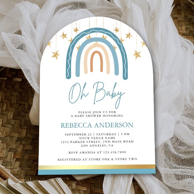 Invitación Arco de Lluvia de Azul Rústico Dorado Baby Shower  (Subido por el creador)