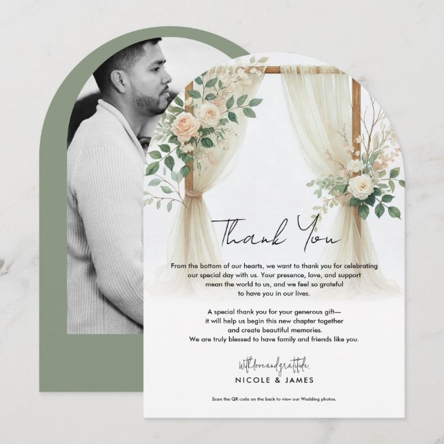 Invitación Arco de madera floral verde rosas rústico gracias (Anverso / Reverso)