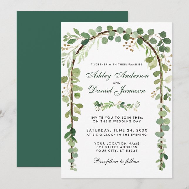 Invitación Arco de Madera Verde Eucaliptus Botánico boda (Anverso / Reverso)