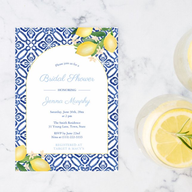 Invitación Arco de marco italiano Lemons Blue Tiles Bridal Sh (Subido por el creador)