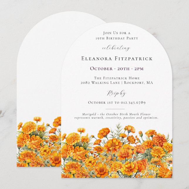 Invitación Arco de Marigold para cumpleaños 19 en octubre Flo (Anverso / Reverso)