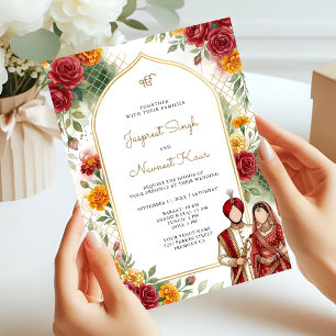 Invitación Arco de Marigold y Rosas Rojas para Boda Sikh Flor