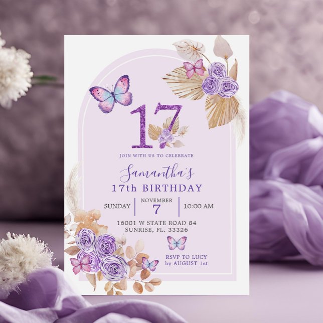 Invitación Arco de mariposa púrpura Boho 17 cumpleaños (Subido por el creador)