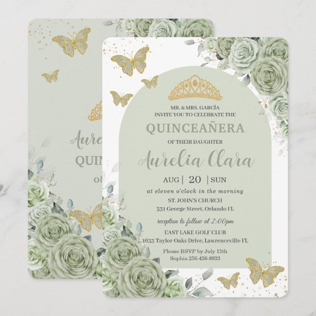 Invitación Arco de mariposas florales Sage Green Quinceanera (Anverso / Reverso)
