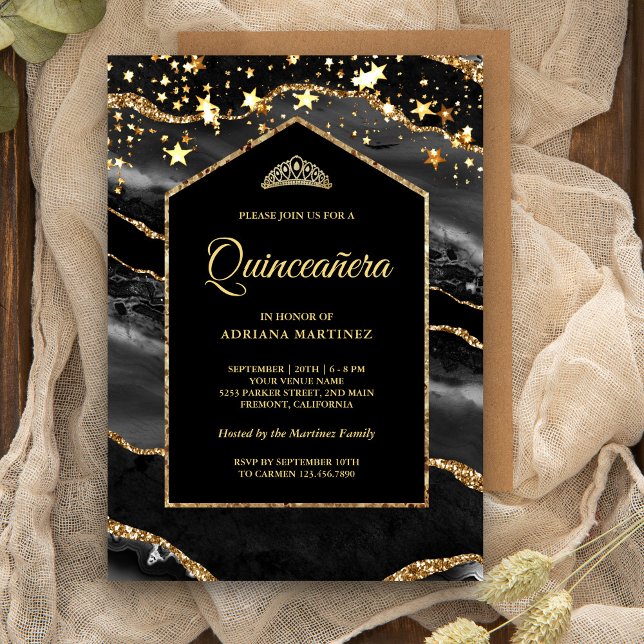 Invitación Arco de Mármol de Ágata de Oro Negro Quinceañera (Subido por el creador)