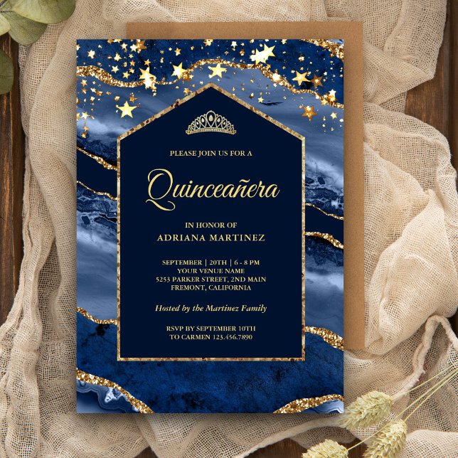 Invitación Arco de Mármol de la Marina de Oro Azul Quinceaner (Subido por el creador)