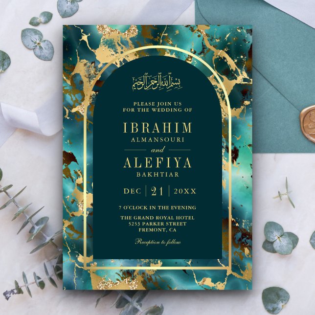 Invitación Arco de mármol dorado turquesa Boda musulmana (Subido por el creador)