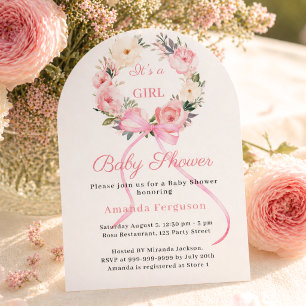 Invitación Arco de niña con lazo de corona floral rosa Baby S